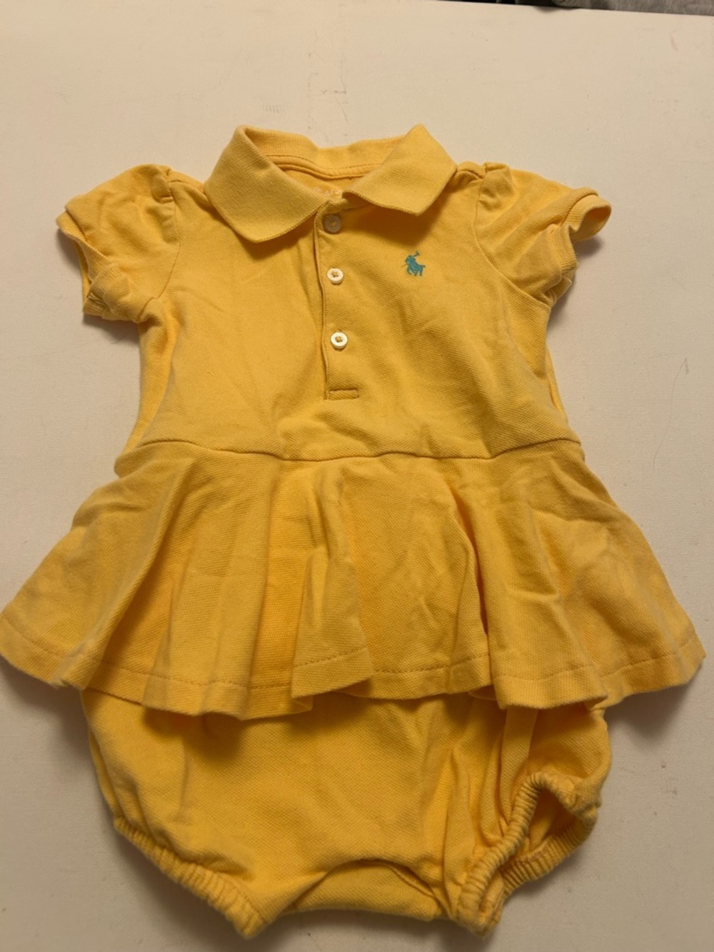 Ralph Lauren Yellow Polo Peplum Romper with Green Pony Embroidery